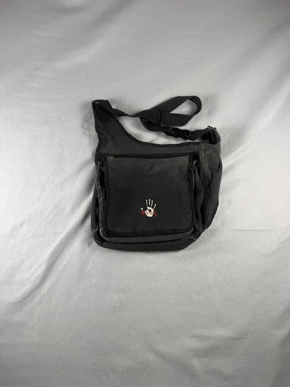 Mudd Crossbody Bag Black Canvas Messenger Sling Handbag Graphic Logo Vintage Y2K